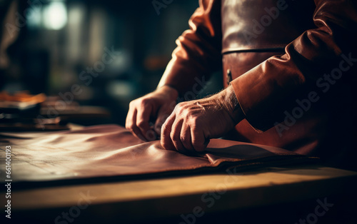 Artisan man working with leather. Closeup photo showing the process of making leather goods. photo
