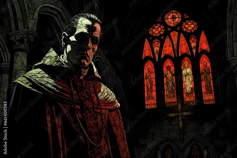 Naklejka premium Fantasy background, an inquisitor in a gloomy church