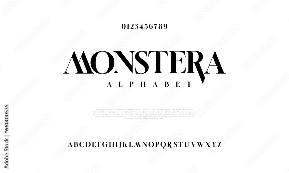 Monstera creative modern urban alphabet font. Digital abstract moslem, futuristic, fashion, sport, minimal technology typography. Simple numeric vector illustration