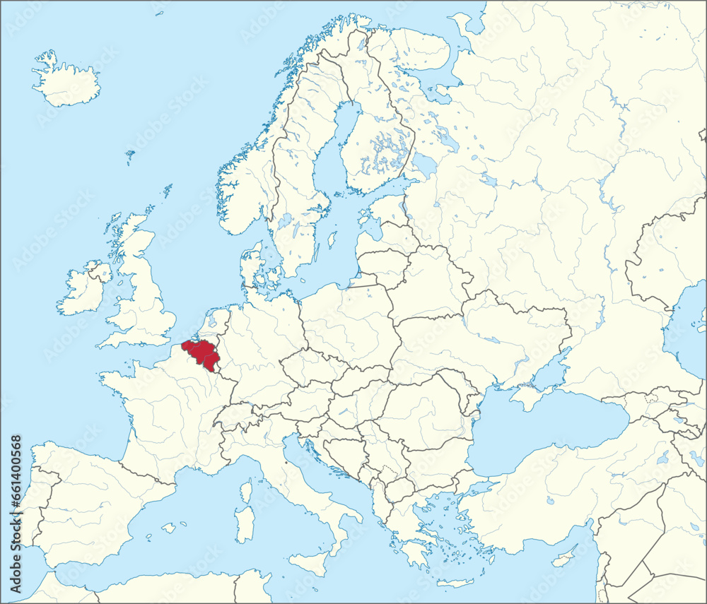 Obraz premium Red CMYK national map of BELGIUM inside detailed beige blank political map of European continent with rivers and lakes on blue background using Mercator projection