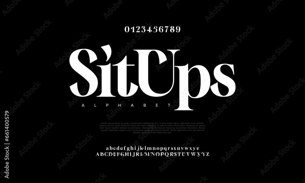 Situps premium luxury elegant alphabet letters and numbers. Elegant wedding typography classic serif font decorative vintage retro. Creative vector illustration