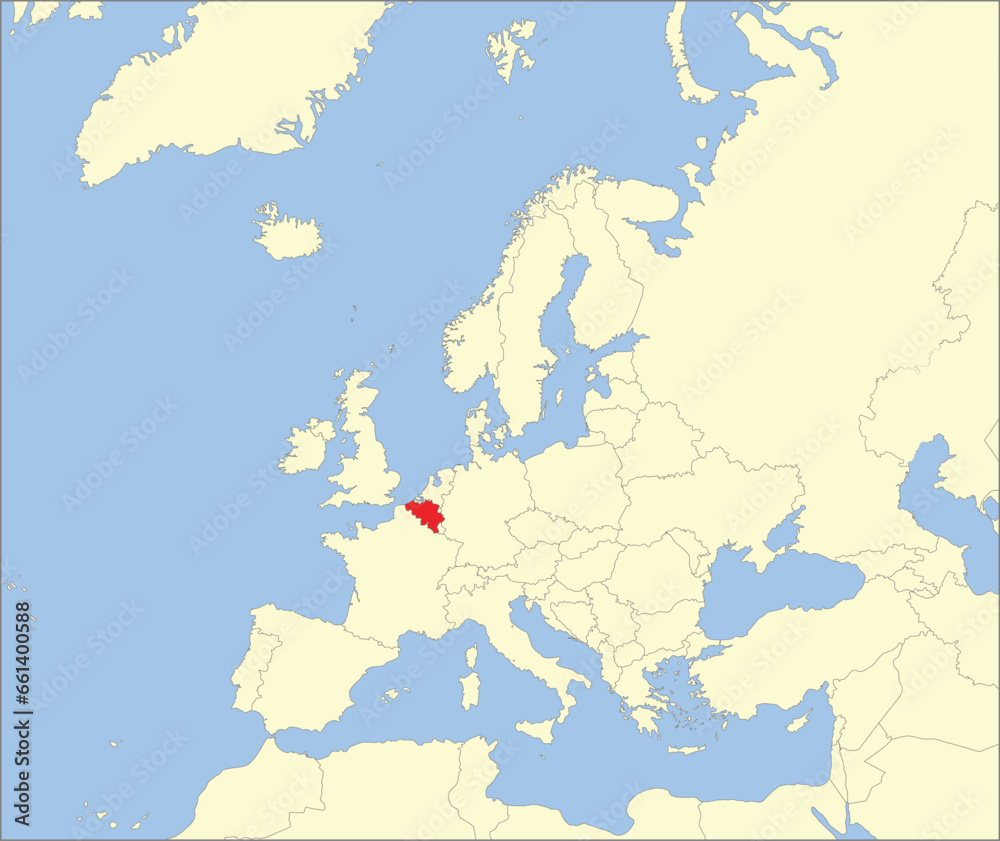 Obraz premium Red CMYK national map of BELGIUM inside detailed beige blank political map of European continent on blue background using Mollweide projection