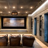 A post-apocalyptic, dystopian-themed home theater with distressed walls, salvaged materials, and aged leather furniture2, Generative AI