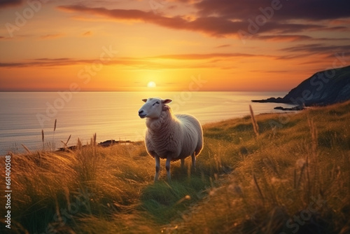 Sheep in meadow, Sunset sunrise over ocean horizon water with dramatic sky, backgrounds