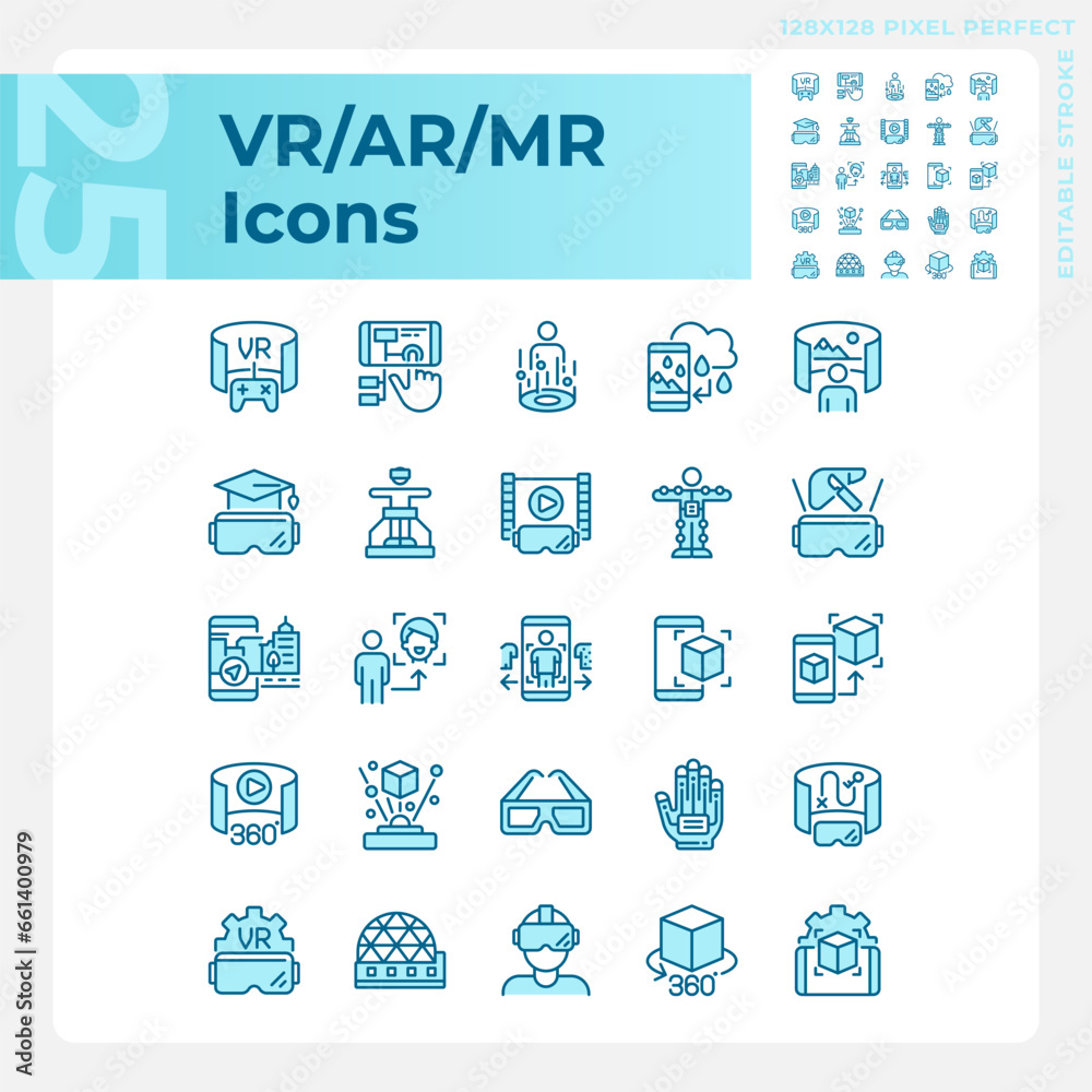 2D pixel perfect blue icons pack representing VR, AR and MR, editable ...
