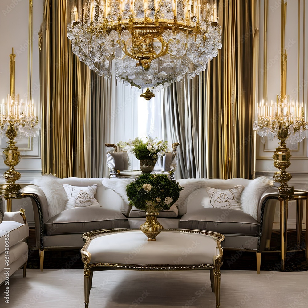 An elegant, French-inspired living room with chandeliers, gilded mirrors, and silk upholstery4, Generative AI An elegant, French-inspired living room with chandeliers, gilded mirrors, and silk upholstery4, Generative AI