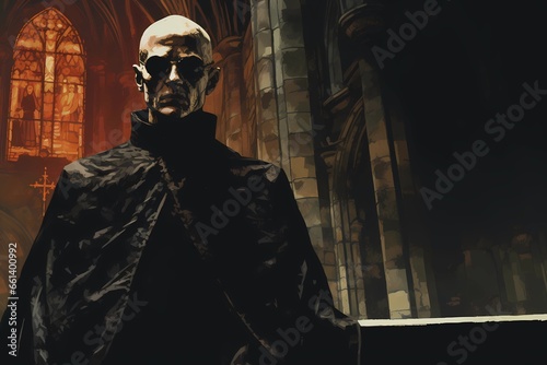 Fantasy background, an inquisitor in a gloomy church