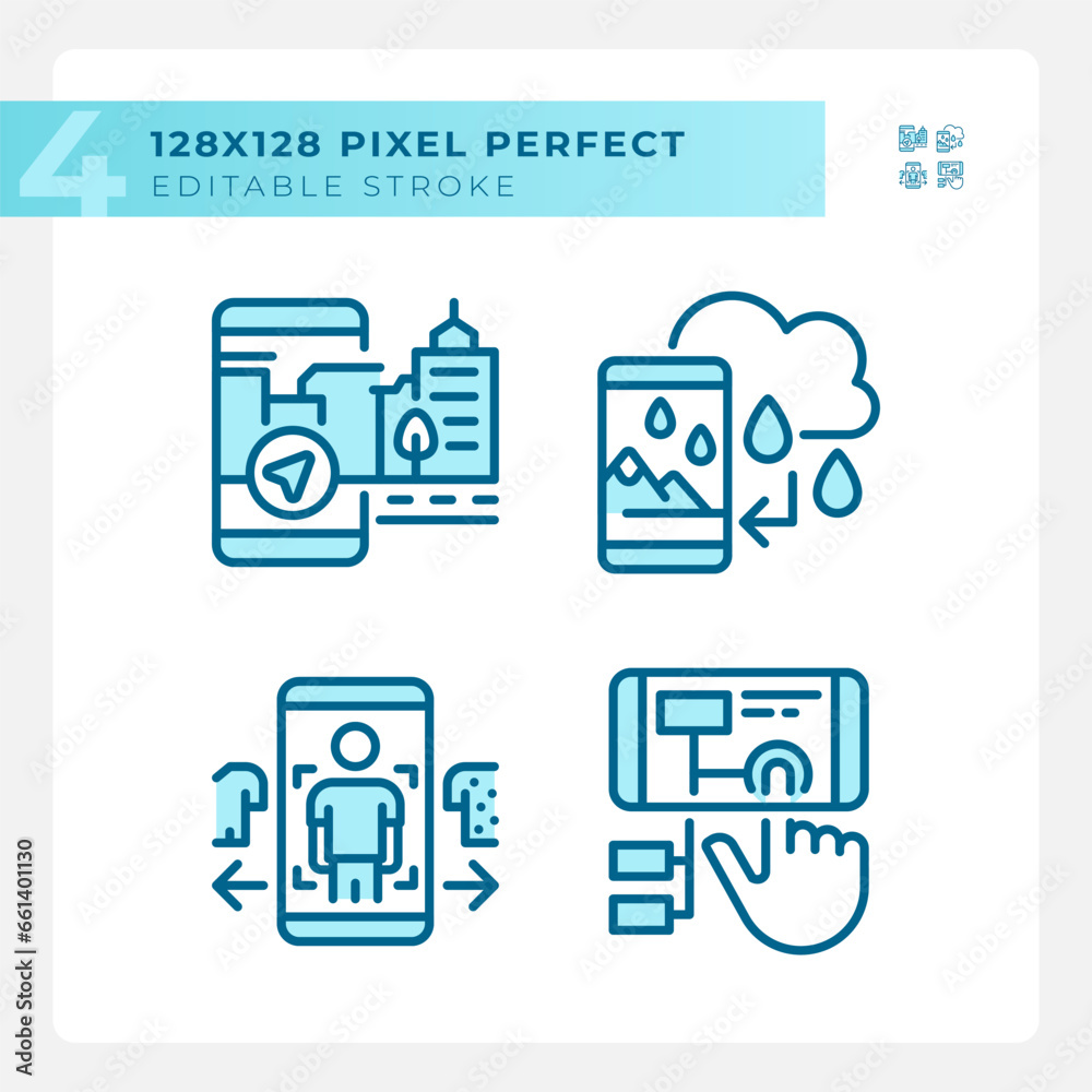 2D pixel perfect blue icons collection representing VR, AR and MR, editable thin line illustration. 2D pixel perfect blue icons collection representing VR, AR and MR, editable thin line illustration.
