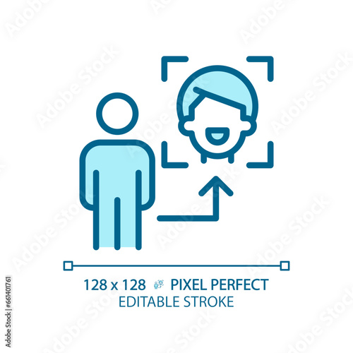 2D pixel perfect editable blue face recognition icon, isolated monochromatic vector, thin line illustration representing VR, AR and MR.
