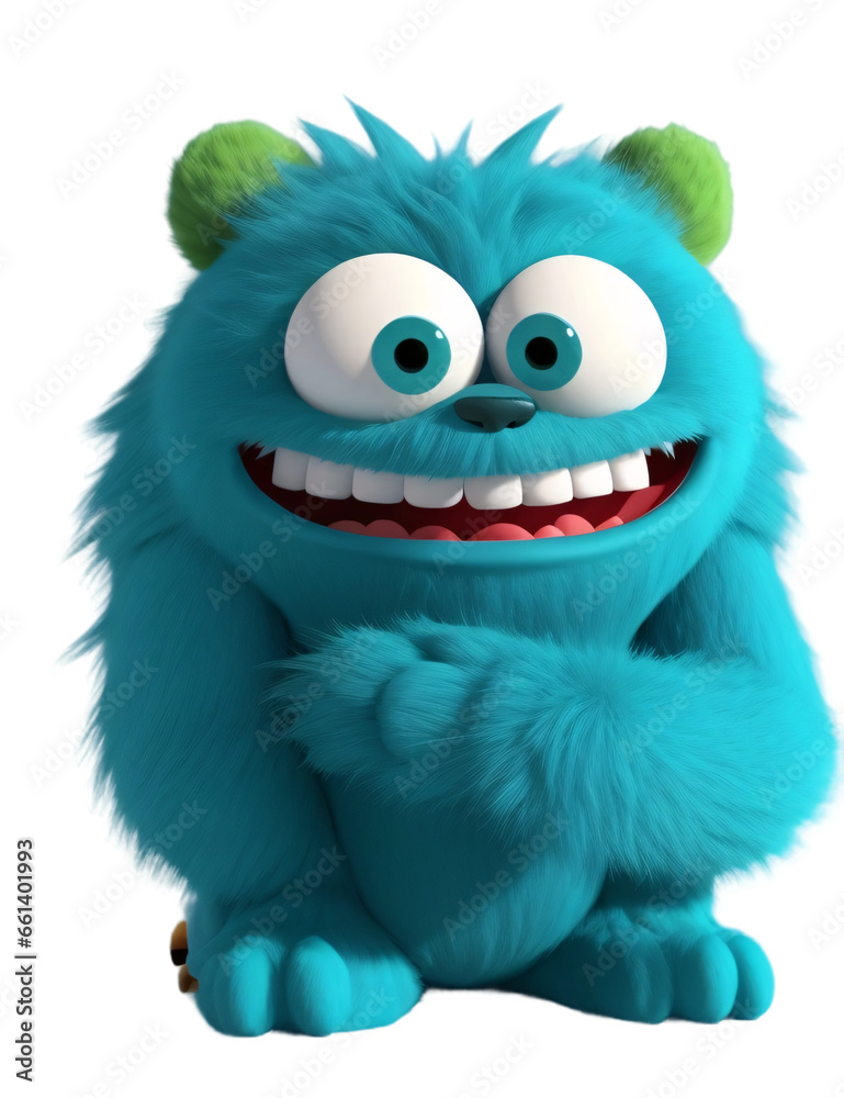 Cute and funny blue monster 3D cartoon character on transparent background. Generative Ai.