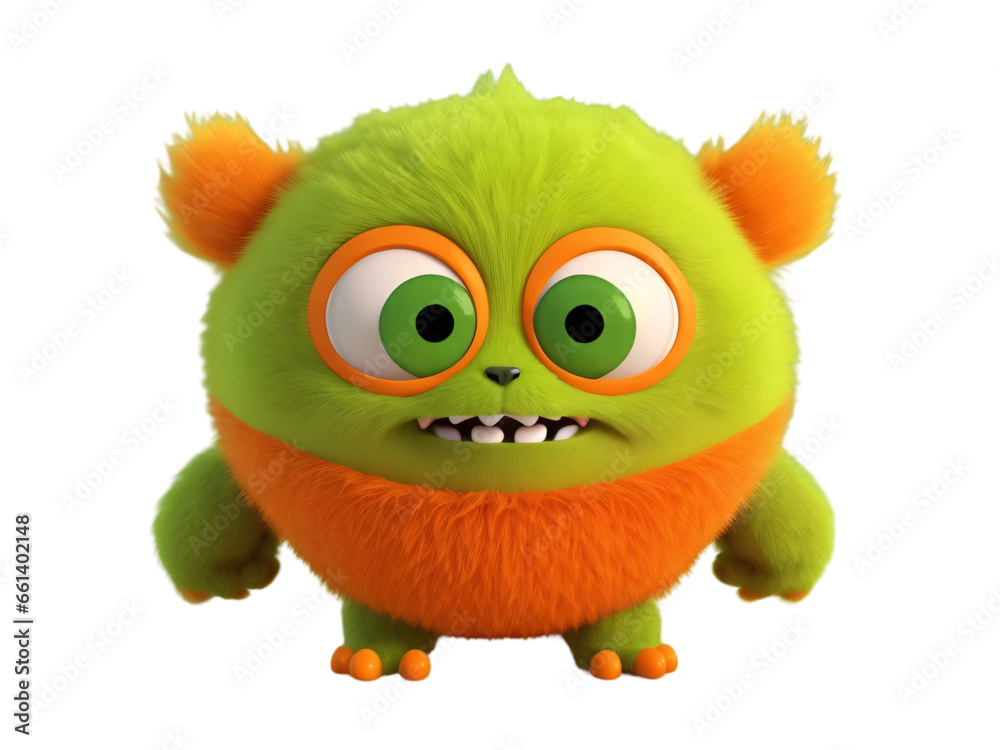 Cute and funny green, orange monster 3D cartoon character on transparent background. Generative Ai. Cute and funny green, orange monster 3D cartoon character on transparent background. Generative Ai.