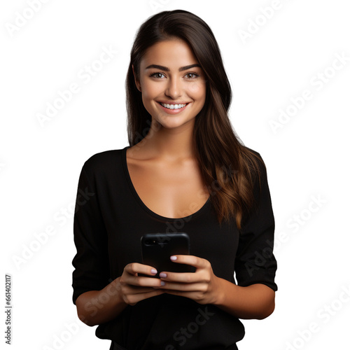 woman holding a phone isolated on transparent background