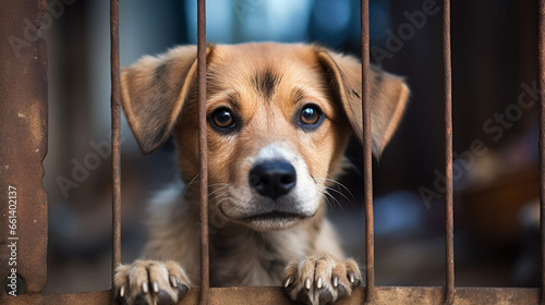 copy space, stockphoto, Sad dog behind the fence. Homeless dog behind bars in an animal shelter. Dog waiting to be adopted by a nice warm family. Abandoned rescued dog in a shelter. Animal care. Anima photo