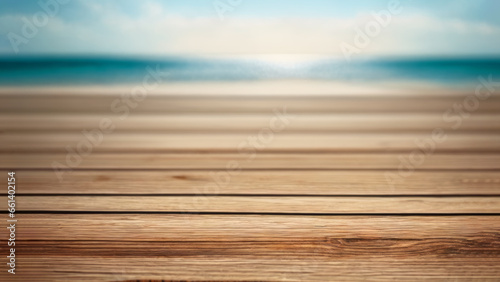 Empty Table with a Blur Beach Background: Tranquil Seaside Ambiance