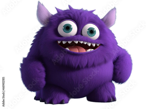 Cute and funny purple monster 3D cartoon character on transparent background. Generative Ai.