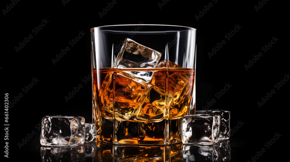 A glass of whiskey with ice cubes