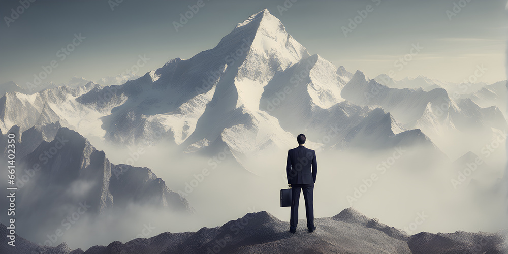 Smart businessman professional for success invest business standing on top of mountain - obrazy, fototapety, plakaty 