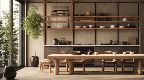 future kitchen decor theme inspired by Japanese minimalism, featuring clean lines, Zen-inspired details, and natural materials