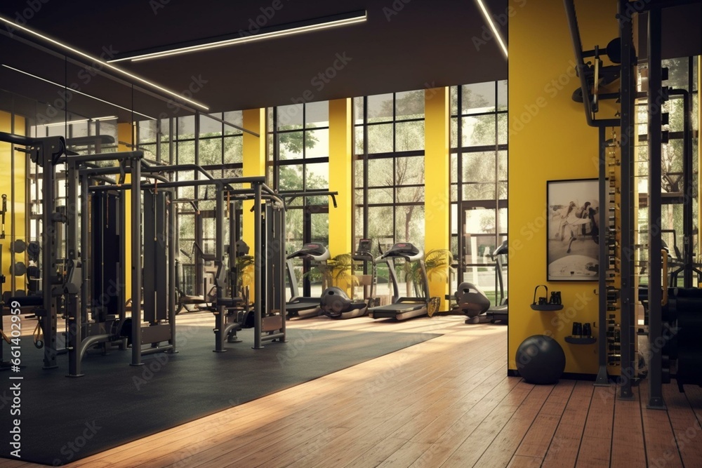 3D visualization of integrated training equipment in a fitness studio. Generative AI