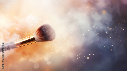 Soft makeup brush explodes into a cloud of light pink powder on a light background. Generative AI