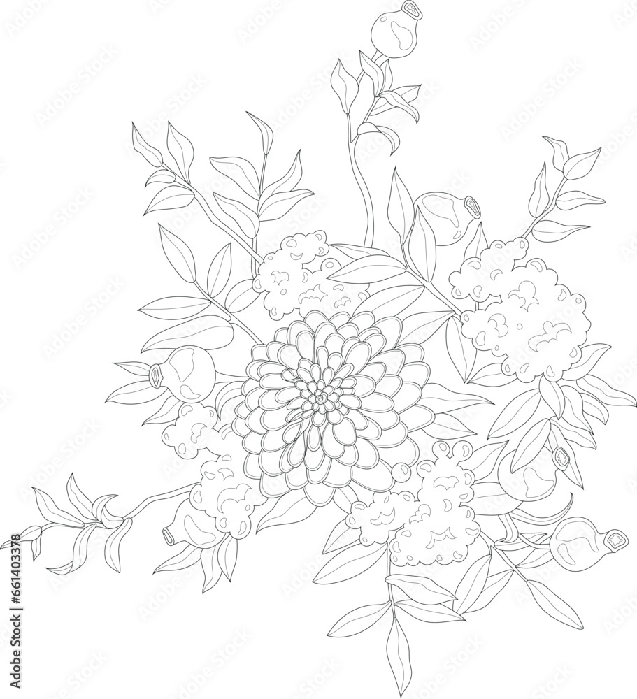 Realistic dahlia and pomegranate flower bouquet sketch template. Cartoon peony vector illustration in black and white for games, background, pattern, decor. Coloring paper, page, story book, print Realistic dahlia and pomegranate flower bouquet sketch template. Cartoon peony vector illustration in black and white for games, background, pattern, decor. Coloring paper, page, story book, print