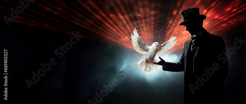 Magician on stage with white dove. Magic, circus, performing arts and variety show concept with copy space. photo