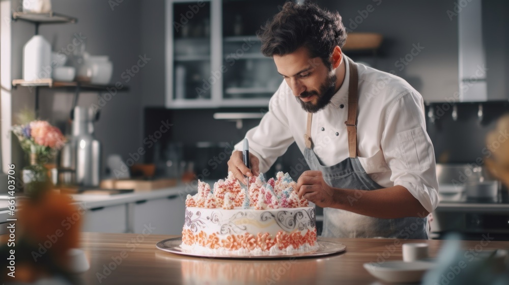man pastry chef bakes a cake in a modern kitchen in a home business workshop, decorates a confectionery product with cream for a holiday sweets - obrazy, fototapety, plakaty 