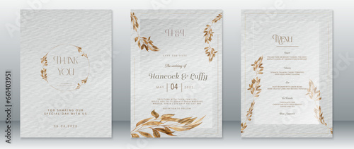 Golden wedding invitation card template luxury design with gold nature leaf frame and watercolor background