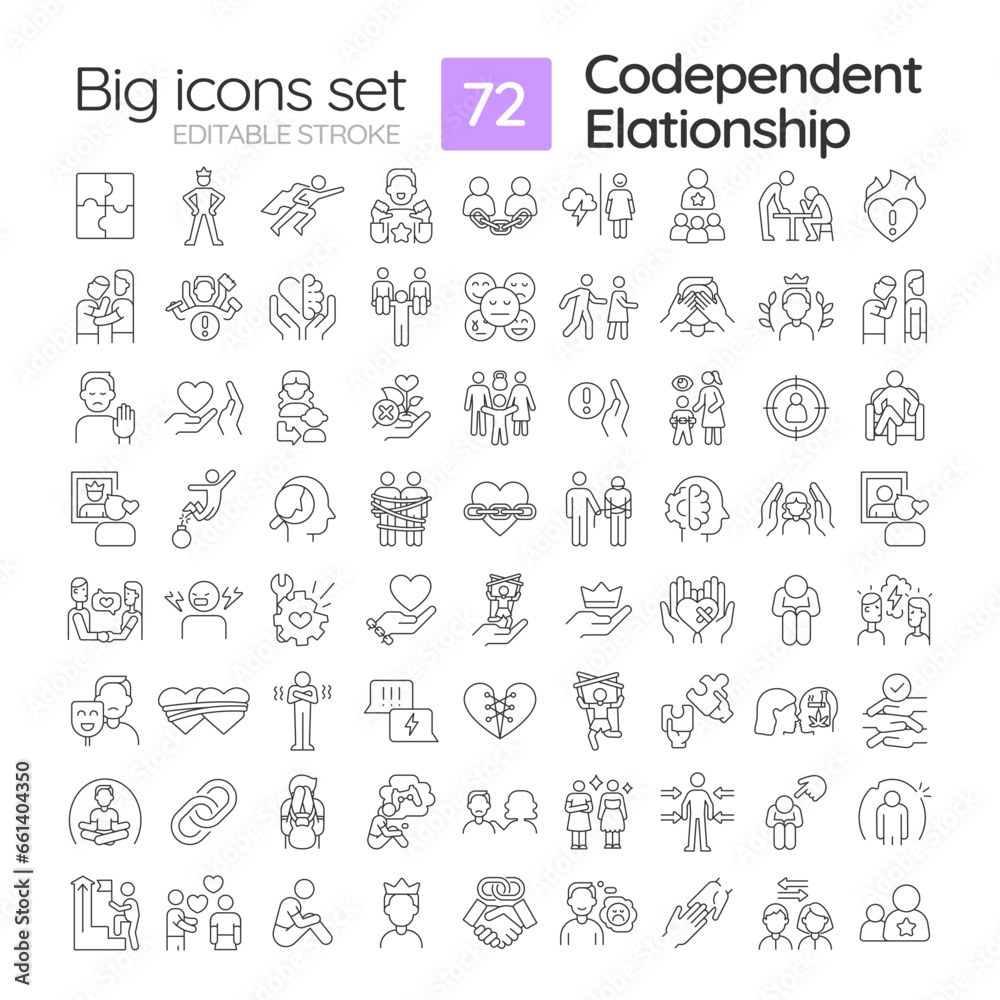 2D editable black thin line big icons set representing codependent relationship, isolated vector, linear illustration.