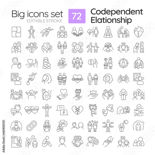 2D editable black thin line big icons set representing codependent relationship  isolated vector  linear illustration.
