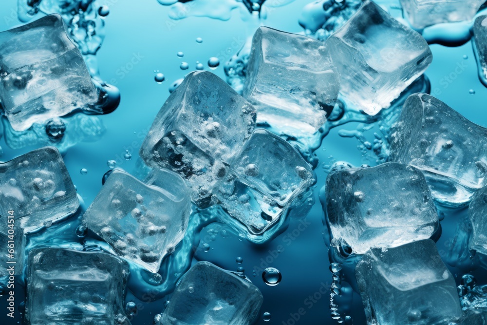 Enticing banner showcasing ice cubes immersed in water against a soothing blue background, Generative AI Enticing banner showcasing ice cubes immersed in water against a soothing blue background, Generative AI