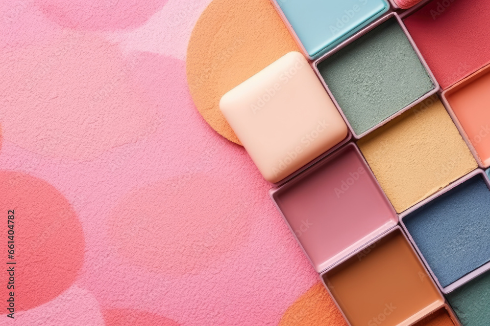 colorful makeup palette arranged on a pink background colorful makeup palette arranged on a pink background