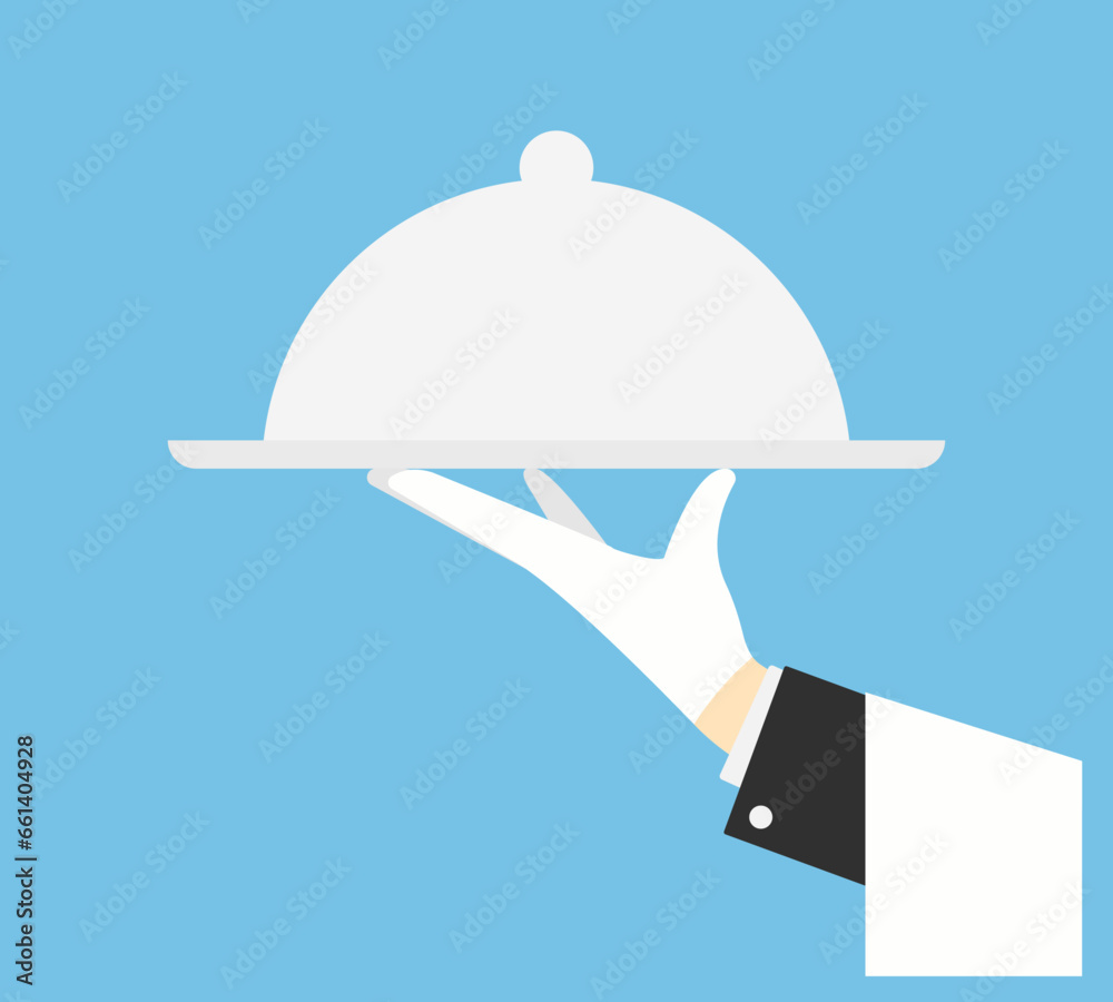 Waiter serving food. A hand holds a tray with a lid. Vector illustration Waiter serving food. A hand holds a tray with a lid. Vector illustration