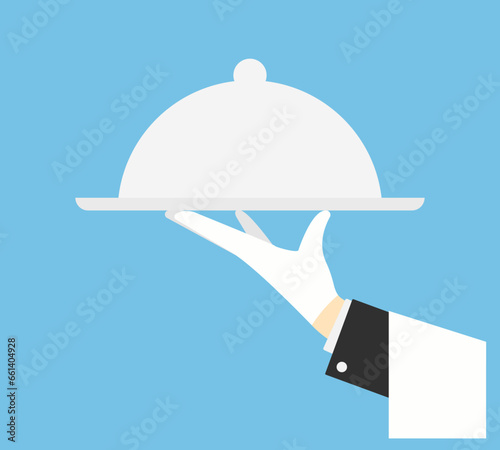 Waiter serving food. A hand holds a tray with a lid. Vector illustration photo