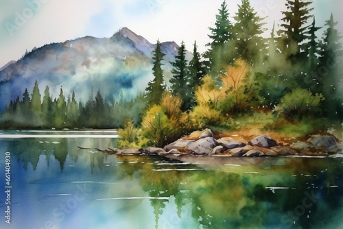 A watercolor painting of a serene mountain lake surrounded by lush trees and majestic mountains. Generative AI