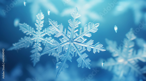 Close up of a glossy snowflake, macro photo of snow crystals on blue background. Generative AI