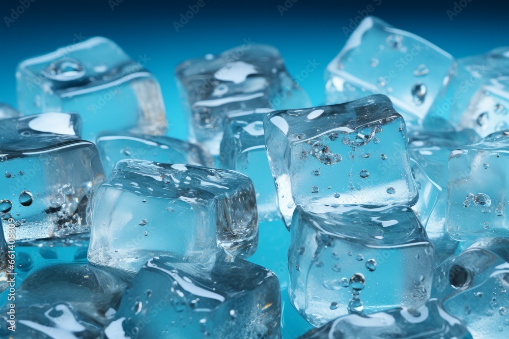 Top view capturing ice cubes floating in water on a soothing blue background, Generative AI Top view capturing ice cubes floating in water on a soothing blue background, Generative AI