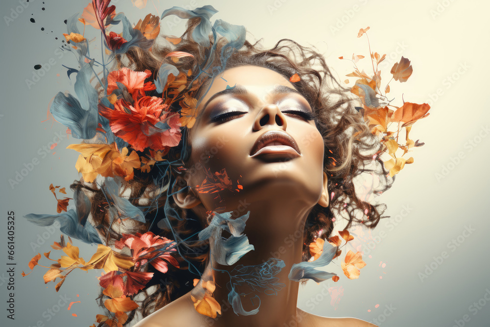 Woman with hair and makeup blending with vibrant autumn leaves.