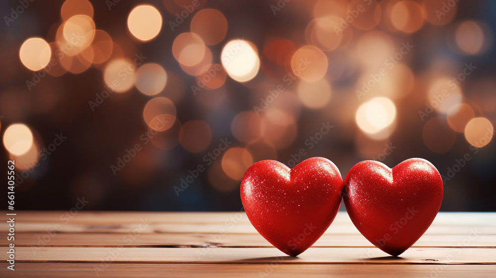 Two Red Valentines Hearts Standing On Wooden Table With Soft Romantic background. generative ai Two Red Valentines Hearts Standing On Wooden Table With Soft Romantic background. generative ai