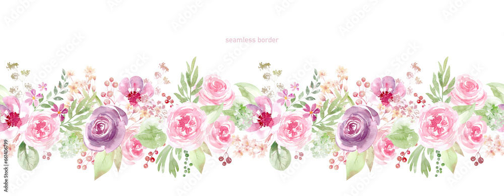 Watercolor pink rose flower and leaf bouquet, borders, wreaths, frames clipart. Dusty roses, soft light blush for poster, greeting card, birthday, wedding design. neutral watercolor floral arrangement - obrazy, fototapety, plakaty 