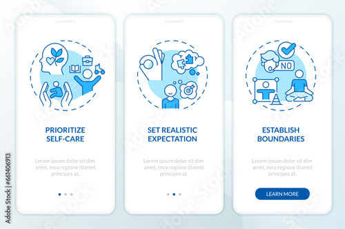 2D icons representing parenting children thin line mobile app screen set. Walkthrough 3 steps blue graphic instructions with line icons concept, UI, UX, GUI template.