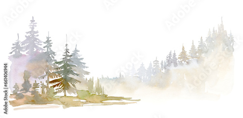 watercolor misty landscape with rocks fog and pine trees, fall mountain clipart, landscape background clipart, trees mountains clipart for greeting cards, save the date, stationery design © Yevheniia Poli