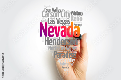 List of cities in Nevada USA state, map silhouette word cloud map concept photo