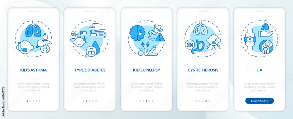 2D icons representing parenting children thin line mobile app screen set. Walkthrough 5 steps blue graphic instructions with thin line icons concept, UI, UX, GUI template. - obrazy, fototapety, plakaty 