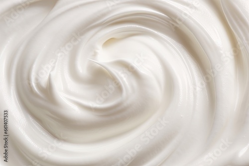 Creamy swirl closeup of white whipped cream. Sweet and smooth. Bowl of fresh yogurt. Dessert delight in delicious