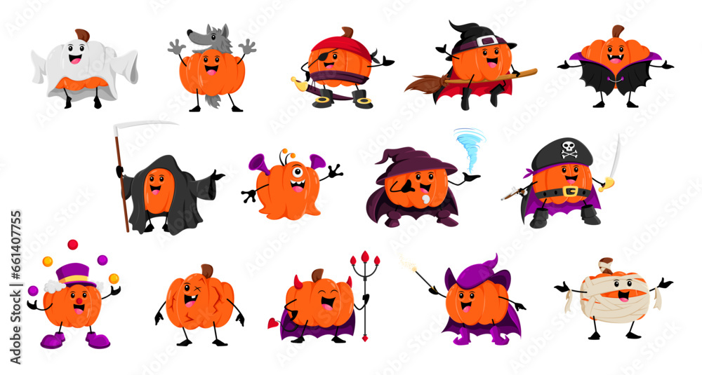 Naklejka premium Cartoon Halloween pumpkin characters vector set