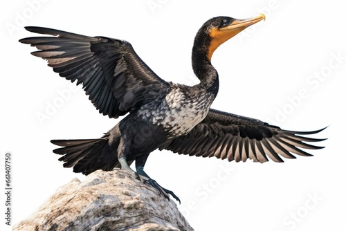 A solitary cormorant extending its wings against a clear background in a PNG file. Generative AI
