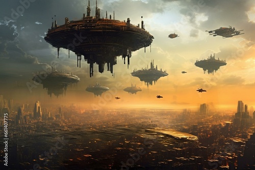 Spaceships flying above a bleak cityscape. Generative AI photo