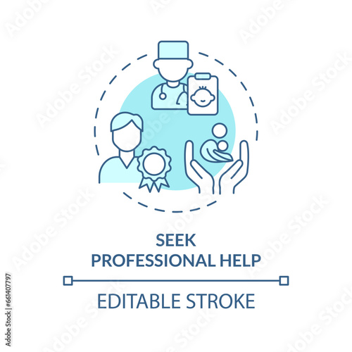 2D editable thin line icon seek professional help concept, isolated monochromatic vector, blue illustration representing parenting children with health issues.