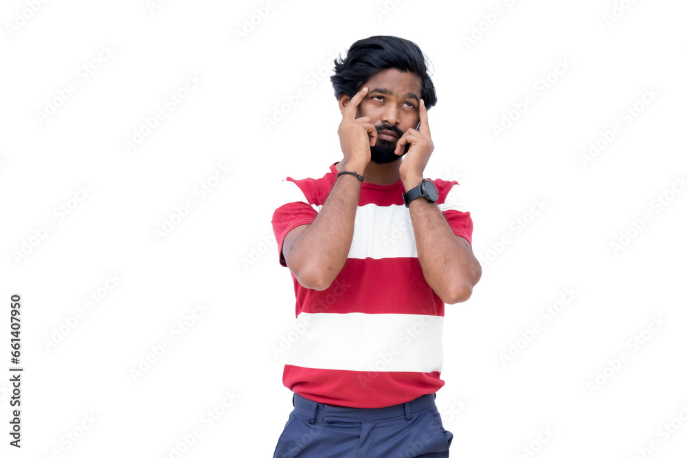 a stressed man holding his head while wearing a red and white shirt and blue pants and a black watch a stressed man holding his head while wearing a red and white shirt and blue pants and a black watch